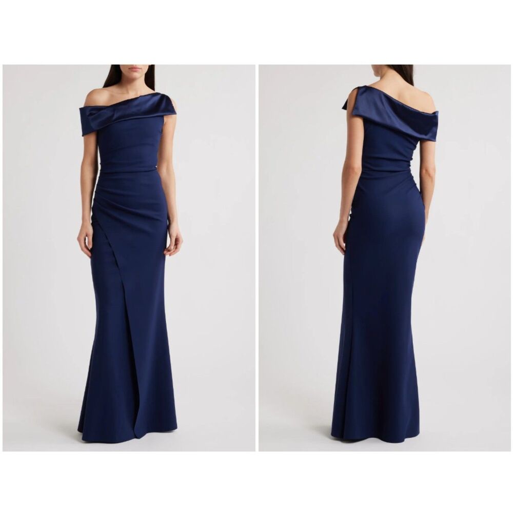 Chiara Boni La Petite Robe Blue Koppany Ruched Off Shoulder Mermaid Gown Size 46